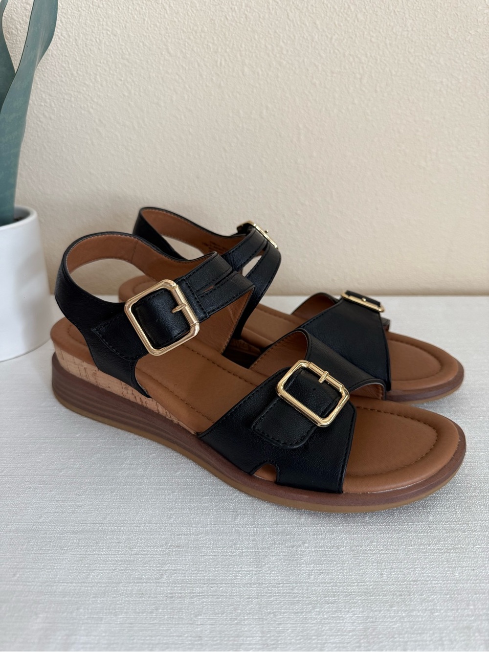 EURO By Sofft Magnolia Black Slingback Wedge Sandals with Gold Buckles